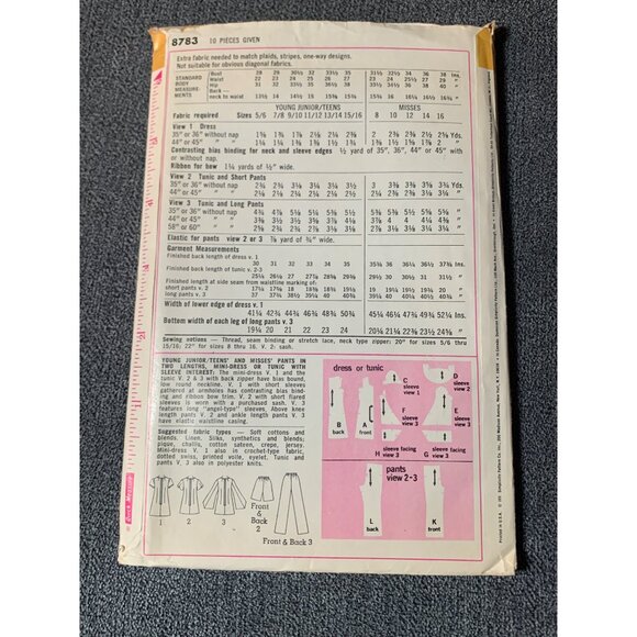 Simplicity 8783 Retro 70s Sewing Pattern Dress Tunic Pants Miss Size 12 - Picture 2 of 2